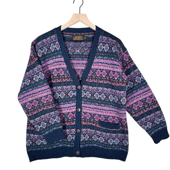Vintage Sweaters - EDDIE BAUER Vintage Wool Fair Isle Knit Cardigan Sweater